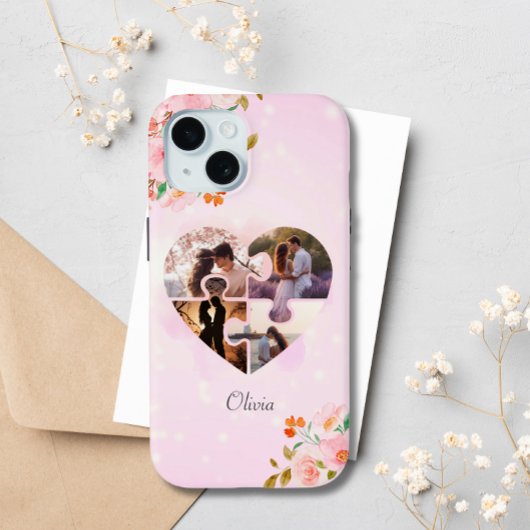 4 Foto Collage Roze Bloemen Puzzel Hart Custom Case-Mate iPhone Case