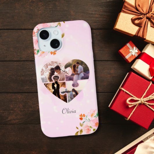 4 Foto Collage Roze Bloemen Puzzel Hart Custom Case-Mate iPhone Case