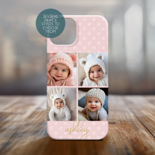 4 Foto Collage - roze stippen, Gouden Schrift Case-Mate iPhone 14 Hoesje