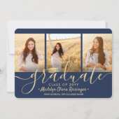 4 Foto-Collage Script Navy Gold Graduparty Kaart (Voorkant)