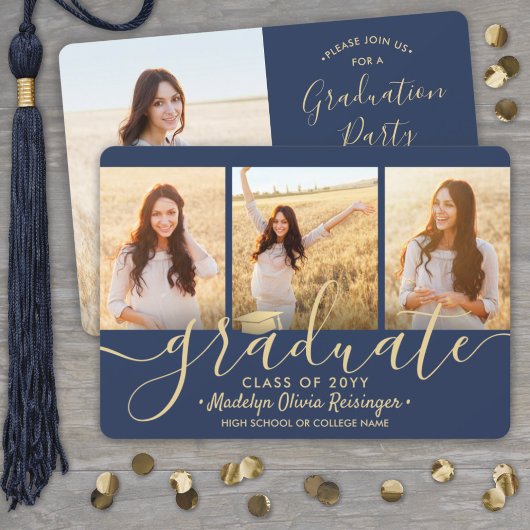 4 Foto-Collage Script Navy Gold Graduparty Kaart
