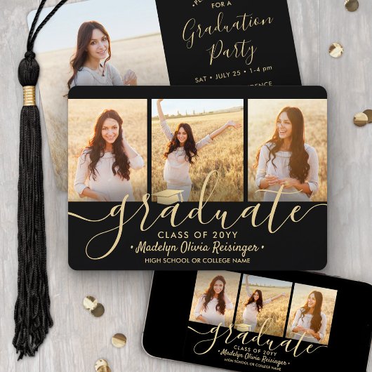 4 Foto Collage Script Zwart Goud Afstudeerfeest Kaart