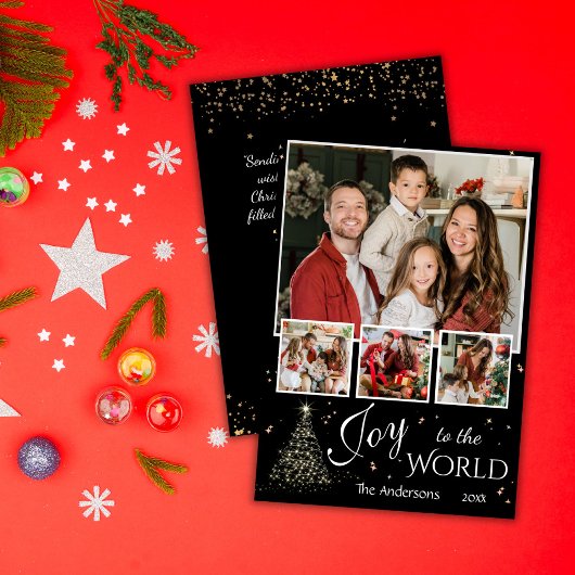 4 foto collage Vreugde aan de wereld zwart Kerstmi Feestdagenkaart