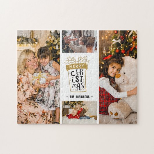 4 foto collage vrolijk kerstcadeau aangepaste naam legpuzzel (Horizontaal)