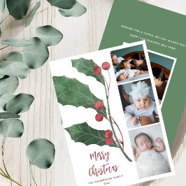 4 Foto Collage Waterverf Hulst Elegante Kerstmis Feestdagenkaart
