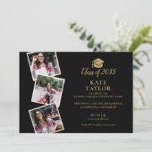4 foto collage Zwart en goud afstudeerfeest Kaart (Staand voorkant)
