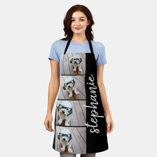 4 Foto Collage - zwart met witte scriptnaam Schort (Gedragen)