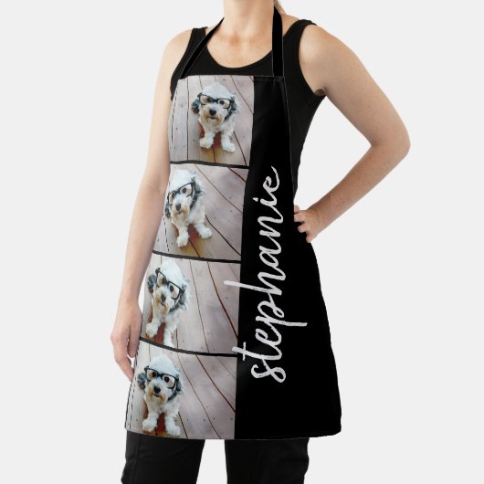 4 Foto Collage - zwart met witte scriptnaam Schort (Insitu)