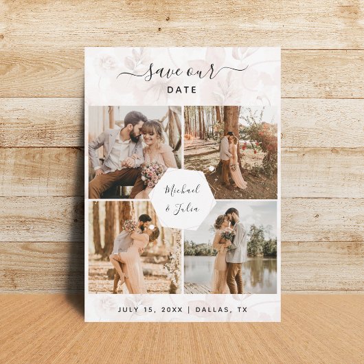 4 Foto Couple Collage & Roze Blush Floral Weddensc Save The Date