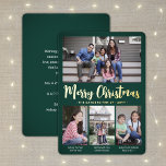 4 Foto Donkergroen Vrolijk Kerstfeest Moderne Coll Folie Feestdagenkaart<br><div class="desc">Verstuur stijlvolle vrolijke groeten en deel uw favoriete afbeeldingen met een aangepaste vier fotocollage groene en gouden folie vakantiekaart. Alle tekst op deze sjabloon is eenvoudig aan te passen om alle formuleringen op te nemen, zoals vrolijk kerstfeest, Prettige feestdagen, seizoensgroeten, nieuwjaarschaafjes, enz. (AFBEELDING PLACEMENT TIP: een gemakkelijke manier om een...</div>
