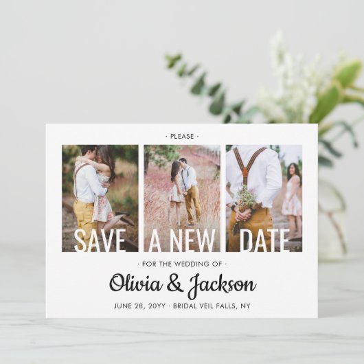 4 Foto Eenvoudige Moderne Uitstel Wissel Trouwdatu Save The Date (Staand voorkant)