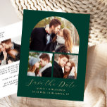4-Foto Emerald Green Gold Arch Bewaar de datum Aankondigingskaart<br><div class="desc">Dit eenvoudige, minimalistische Save the Date-briefkaart heeft een boogvormige fotocollage van drie foto's boven de woorden "Save the Date" in een elegant goudkleurig handschrift, gevolgd door de namen van het paar, de trouwdatum en de stad in sans serif-lettertype op een smaragdgroene achtergrond. Voeg een vierde, horizontale foto en een meer...</div>