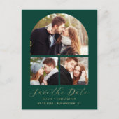 4-Foto Emerald Green Gold Arch Bewaar de datum Aankondigingskaart (Voorkant)