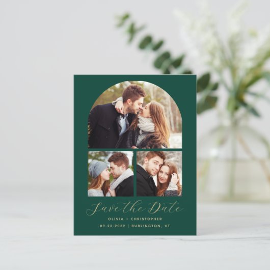 4-Foto Emerald Green Gold Arch Bewaar de datum Aankondigingskaart (Staand voorkant)