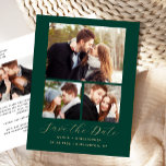 4-Foto Emerald Green Gold Save the Date Aankondigingskaart<br><div class="desc">Dit eenvoudige, minimalistische Save the Date-briefkaart heeft een fotocollage van drie foto's boven de woorden "Save the Date" in een elegant goudkleurig handschrift, gevolgd door de namen van het paar, de trouwdatum en de stad in schreefloos lettertype op een smaragdgroene achtergrond. Voeg een vierde, horizontale foto en een meer gedetailleerd...</div>