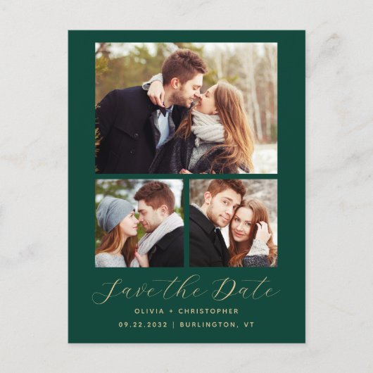 4-Foto Emerald Green Gold Save the Date Aankondigingskaart (Voorkant)