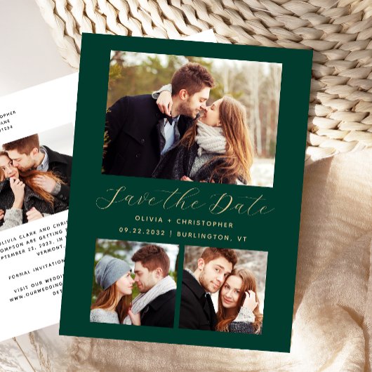 4-Foto Emerald Green Gold Save the Date Briefkaart