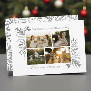 4 Foto Familie Kerst Zilver Botanische Collage Feestdagenkaart