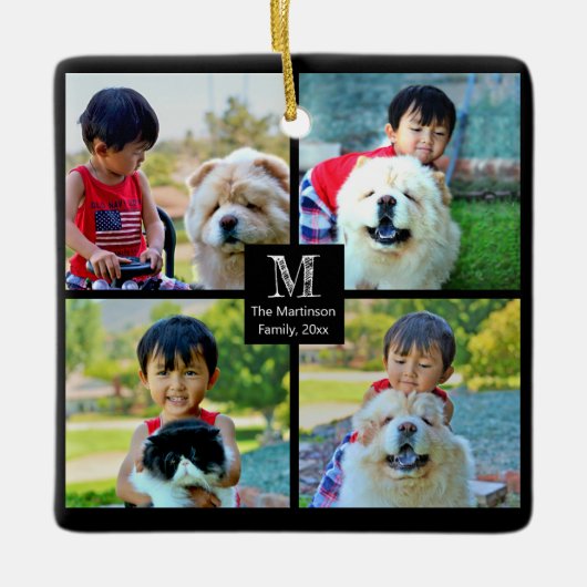 4 Foto Gepersonaliseerd collage met monogram Keramisch Ornament (Voorkant)