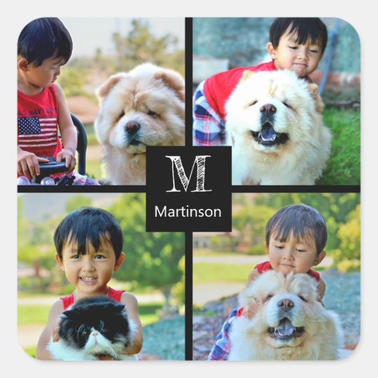 4 Foto Gepersonaliseerd collage met monogram Vierkante Sticker (Voorkant)