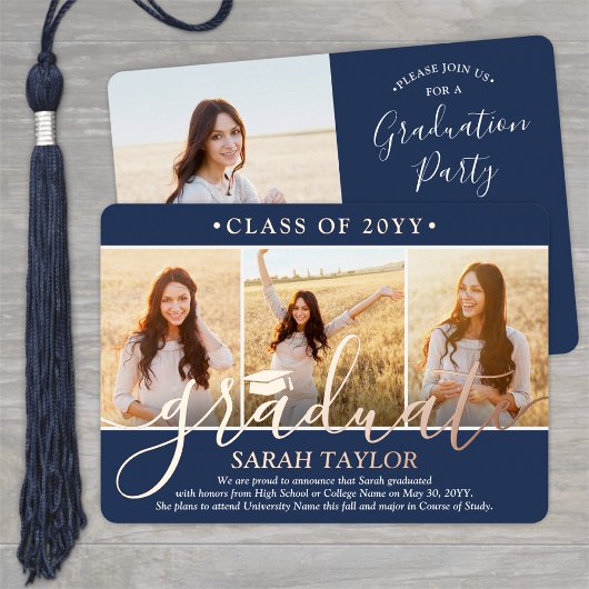 4 Foto Graduation Party Modern Script Navy Blauw & Folie Uitnodiging