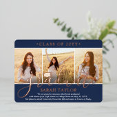 4 Foto Graduation Party Modern Script Navy Blauw & Folie Uitnodiging (Staand Voorkant)