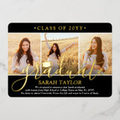 4 Foto Graduation Party Zwart, Wit en Echt Folie Uitnodiging (Voorkant)