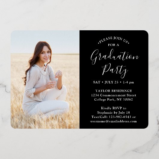 4 Foto Graduation Party Zwart, Wit en Echt Folie Uitnodiging (Achterkant)