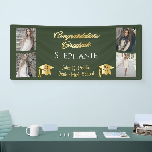 4 Foto Green Gold Congrats Afstuderen Name School Spandoek (Beurs)
