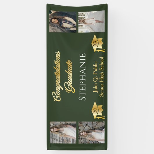 4 Foto Green Gold Congrats Afstuderen Name School Spandoek (Verticaal)