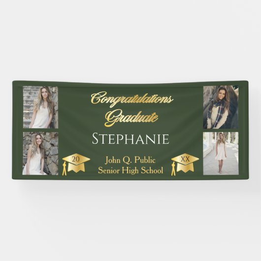 4 Foto Green Gold Congrats Afstuderen Name School Spandoek (Horizontaal)