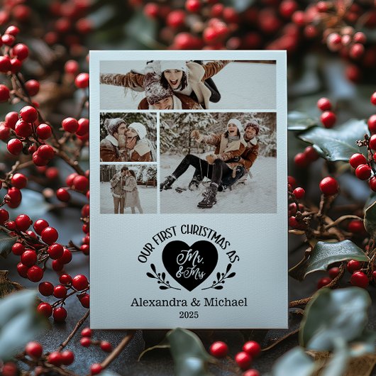 4 Foto Hart Eerste Kerst als Mr & Mrs. Feestdagenkaart