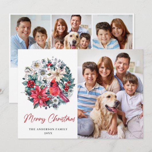 4 FOTO Holly Berry Kardinaal Poinsettia Kerstmis Feestdagenkaart (Voorkant / Achterkant)