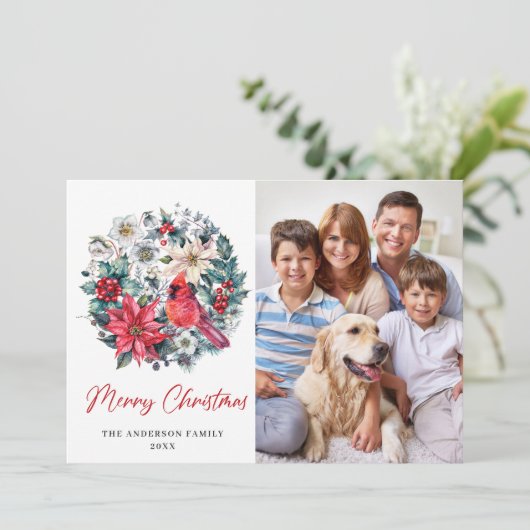 4 FOTO Holly Berry Kardinaal Poinsettia Kerstmis Feestdagenkaart (Staand voorkant)