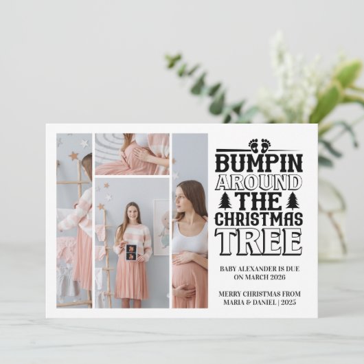 4 Foto Kerstboom Zwangerschapsaankondiging Feestdagenkaart (Staand voorkant)