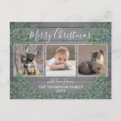 4 Foto Kerstgroen & rustiek grijs hout Feestdagenkaart (Voorkant)