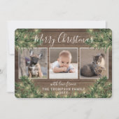 4 Foto Kerstgroen, rustiek hout en verlichting Feestdagenkaart (Voorkant)