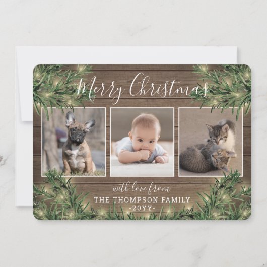 4 Foto Kerstgroen, rustiek hout en verlichting Feestdagenkaart (Voorkant)