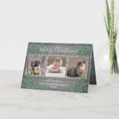4 Foto Kerstmis Greenery & Grijs Hout Gevouwen Feestdagen Kaart (Voorkant)