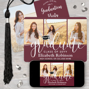 4 Foto Maroon en wit Script Graduation Party Kaart