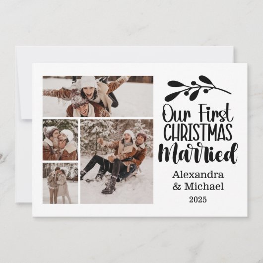 4 Foto minimalist Onze eerste kerst getrouwd Feestdagenkaart (Voorkant)