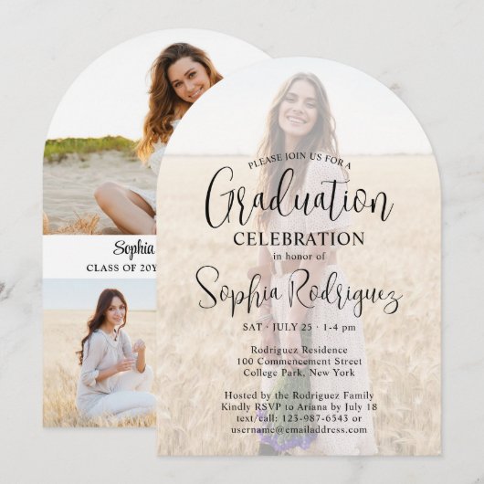 4 Foto Modern Script Overlay Afstudeerfeest Kaart (Voorkant / Achterkant)