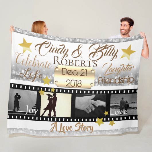 4 Foto Movie Star Film Reel Silver Bokeh en Gold Fleece Deken (In situ)