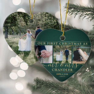 4 Foto: Mr & Mrs. 1st kerstgroen & Gold Heart Keramisch Ornament