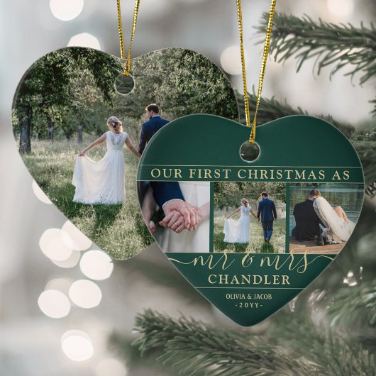 4 Foto: Mr & Mrs. 1st kerstgroen & Gold Heart Keramisch Ornament