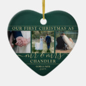 4 Foto: Mr & Mrs. 1st kerstgroen & Gold Heart Keramisch Ornament (Voorkant)