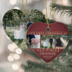 4 Foto: Mr. & Mrs. 1st Kerstmis Burgundy Gold Hear Keramisch Ornament