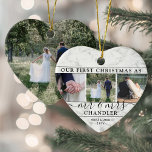 4 Foto: Mr & Mrs. 1st Kerstmis Faux Marble Heart Keramisch Ornament<br><div class="desc">Viel een vrolijke 1e vakantie als een getrouwd stel met een aangepast 4 fotocollage "Ons eerste kerstfeest als Mr. en Mrs... hartvormig keramisch ornament. Alle tekst en afbeeldingen op deze sjabloon zijn eenvoudig te personaliseren. (AFBEELDING PLACEMENT TIP: Een gemakkelijke manier om een foto precies te centreren hoe u wilt is...</div>