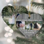 4 Foto: Mr & Mrs. 1st Kerstmis. Keramisch Ornament<br><div class="desc">Viel een vrolijke 1e vakantie als een getrouwd stel met een aangepast 4 fotocollage "Ons eerste kerstfeest als Mr. en Mrs... hartvormig keramisch ornament. Alle tekst en afbeeldingen op deze sjabloon zijn eenvoudig te personaliseren. (AFBEELDING PLACEMENT TIP: Een gemakkelijke manier om een foto precies te centreren hoe u wilt is...</div>