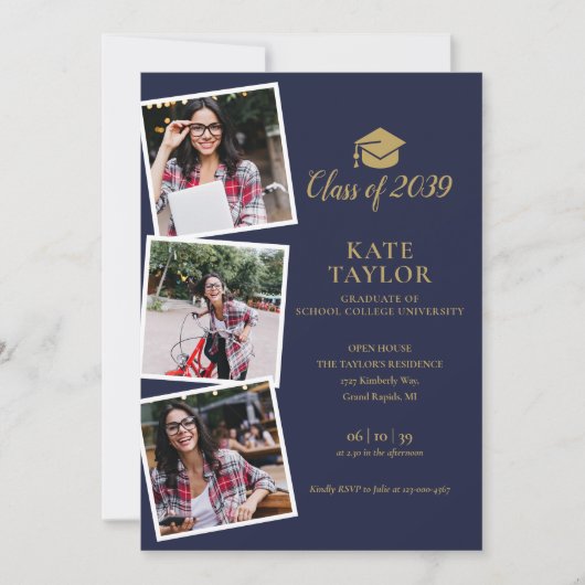 4 Foto Navy Blauw Gouden Afstudeerfeest Kaart (Voorkant)